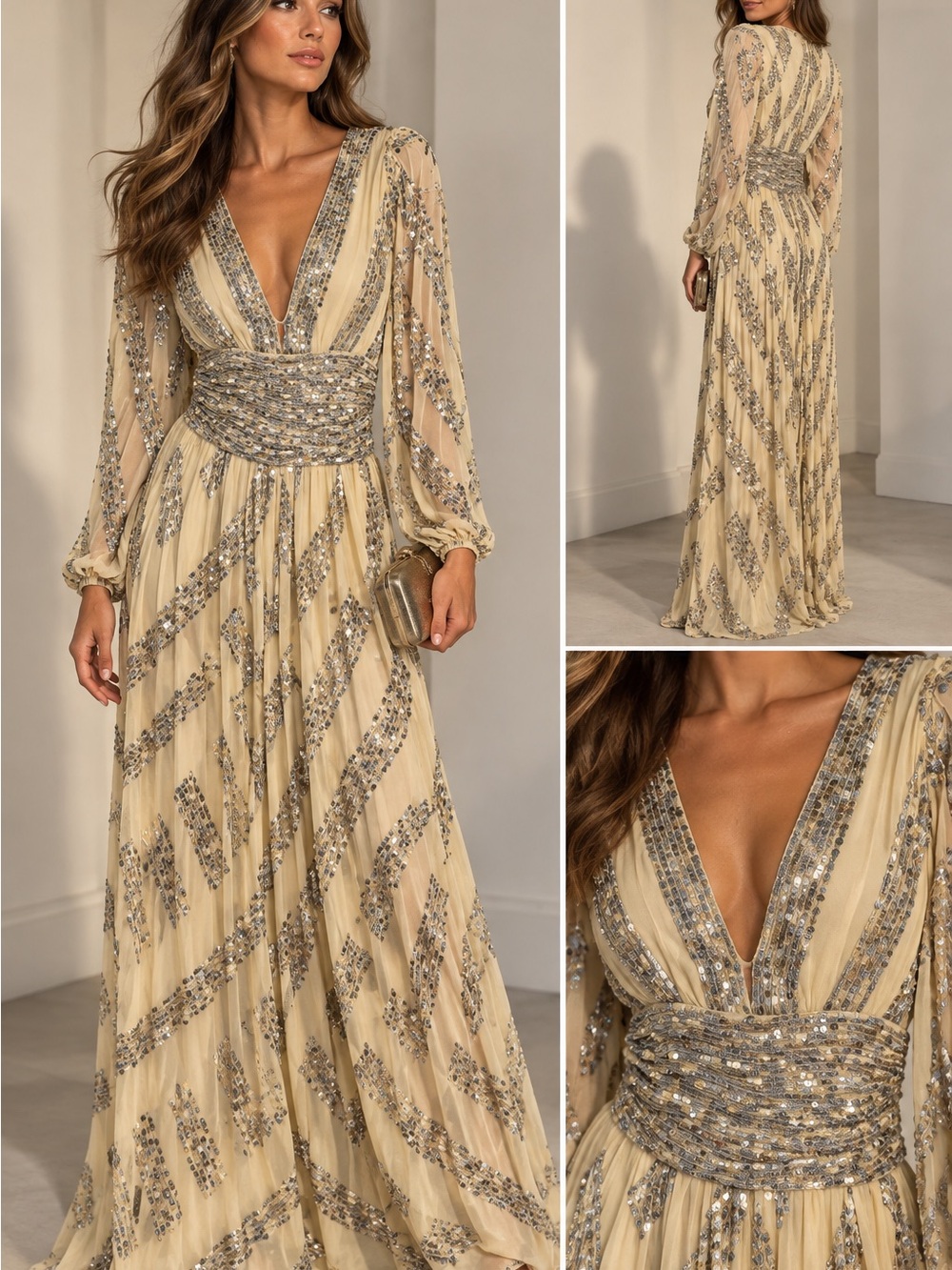 Jen's Pirate Booty Champagne Sequin-Embellished Maxi Dress